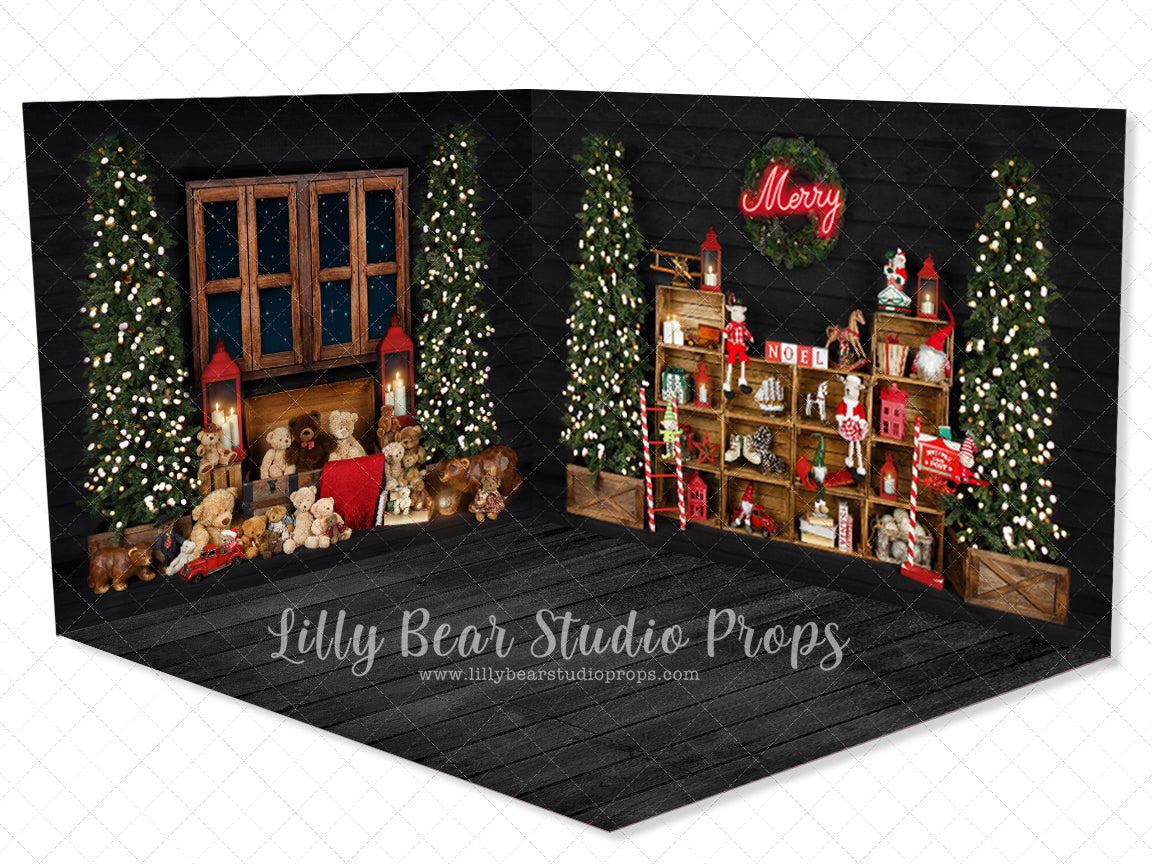 Merry Toy Room - Lilly Bear Studio Props, black fireplace, bohemian christmas, bohemian fireplace, bohemian mantel, boho, boho christmas, boho holiday, boho mantel, christmas, christmas mantel, christmas village, evergreen trees, evergreens, Fabric, fireplace, holiday, holiday christmas, mantel, Pampas, pine trees, white christmas, white holiday, Wrinkle Free Fabric