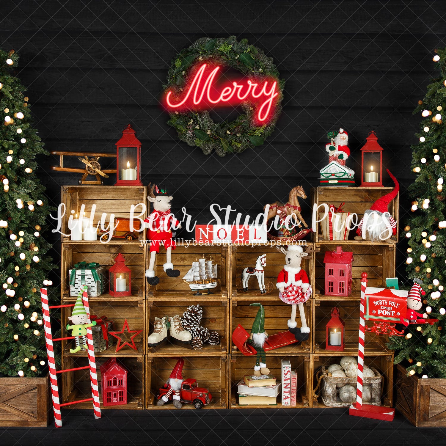 Merry Toys - Lilly Bear Studio Props, arctic pines, christmas, christmas village, evergreen trees, evergreens, holiday, holiday christmas, pine trees, silver winter, snow, snowflakes, snowy forest, snowy pine, snowy pine trees, snowy trees, village, white christmas, white holiday, white winter, winter, winter christmas, winter diamond