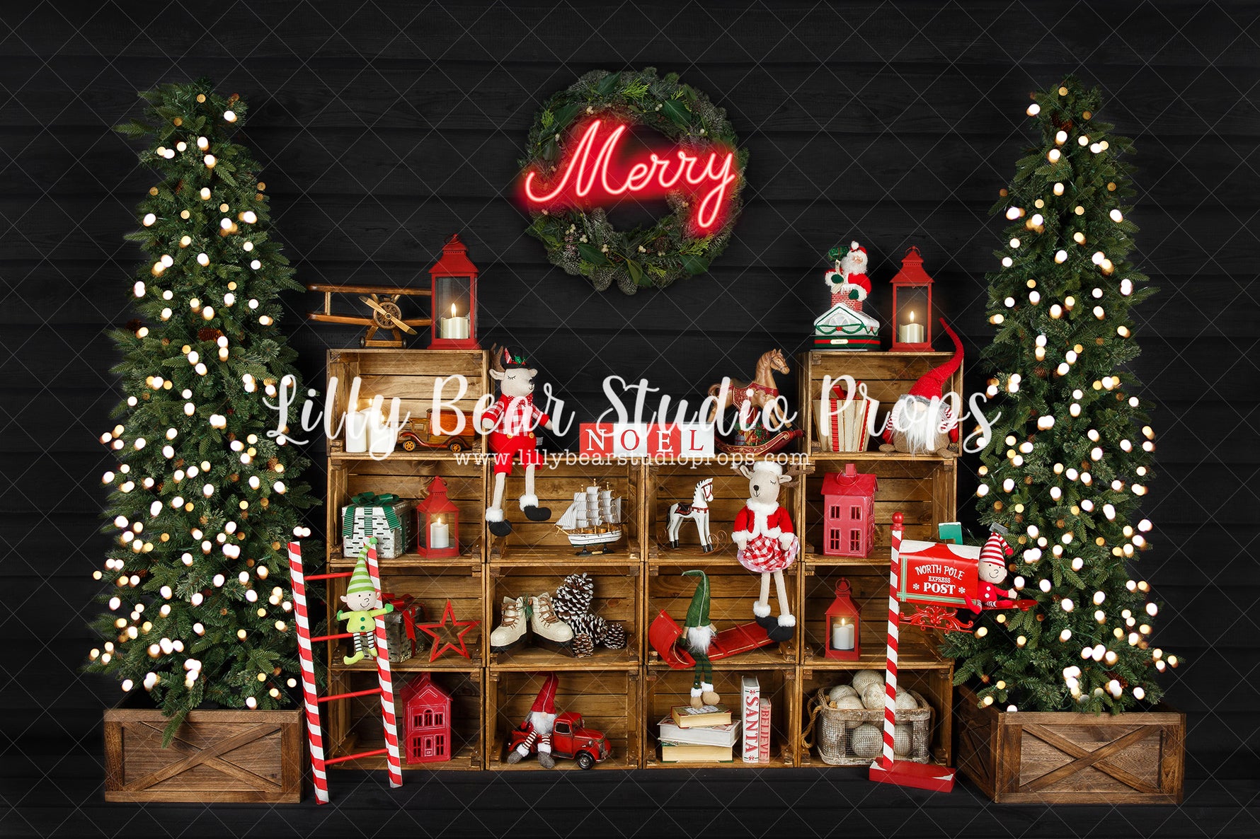 Merry Toy Room - Lilly Bear Studio Props, black fireplace, bohemian christmas, bohemian fireplace, bohemian mantel, boho, boho christmas, boho holiday, boho mantel, christmas, christmas mantel, christmas village, evergreen trees, evergreens, Fabric, fireplace, holiday, holiday christmas, mantel, Pampas, pine trees, white christmas, white holiday, Wrinkle Free Fabric