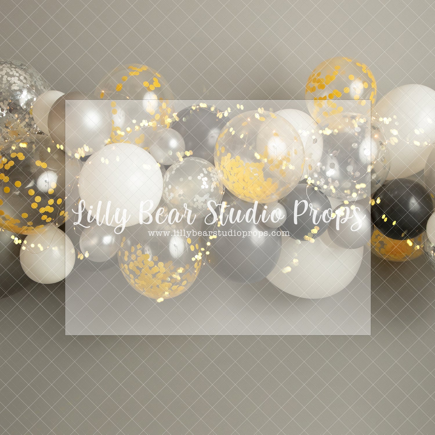 Midnight Party - Lilly Bear Studio Props, birthday, gold, gold balloon garland, gold balloons, gold confetti balloons, white and gold balloon garland, white balloons, white black and gold, white black and gold balloons