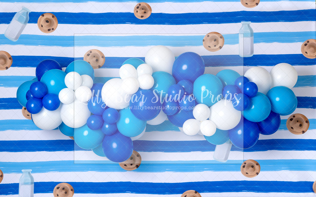 Milk & Cookies Balloon Garland - Lilly Bear Studio Props, blue & white garland, blue and white, chocolate chip cookies, cookie, cookie jar, cookie monster, cookie monter, cookies, FABRICS, first birthday, friendly street, sesame street