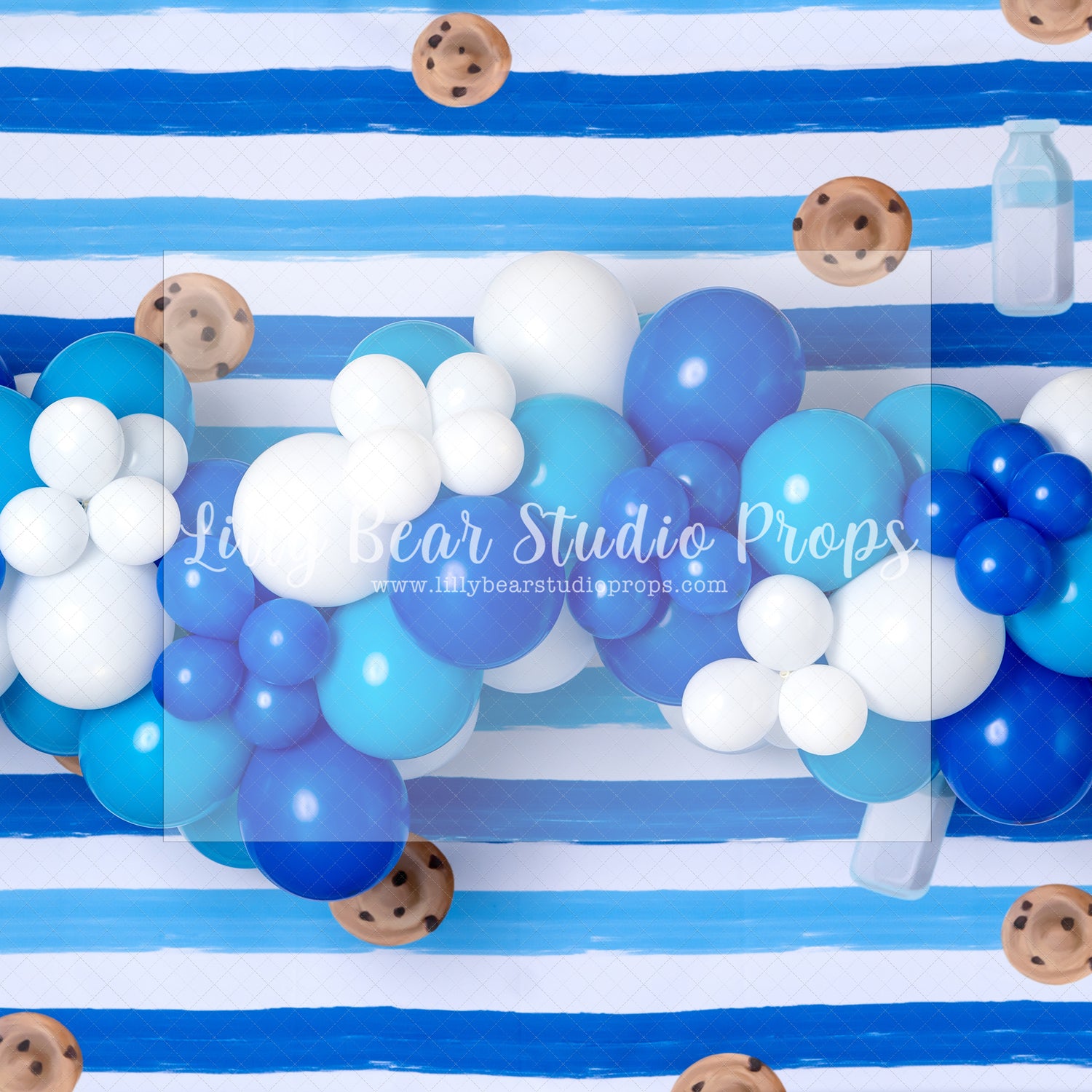 Milk & Cookies Balloon Garland - Lilly Bear Studio Props, blue & white garland, blue and white, chocolate chip cookies, cookie, cookie jar, cookie monster, cookie monter, cookies, FABRICS, first birthday, friendly street, sesame street