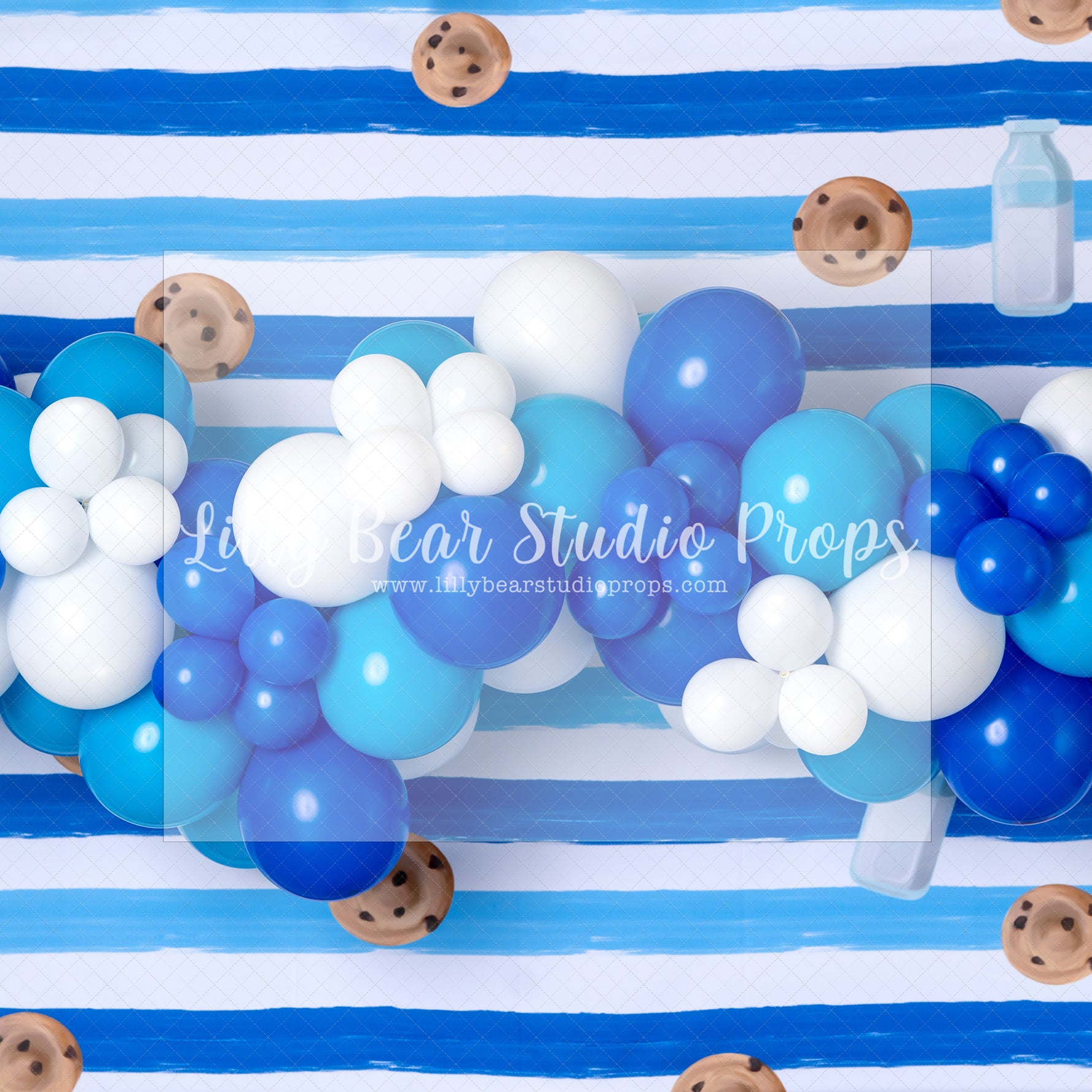 Milk & Cookies Balloon Garland - Lilly Bear Studio Props, blue & white garland, blue and white, chocolate chip cookies, cookie, cookie jar, cookie monster, cookie monter, cookies, FABRICS, first birthday, friendly street, sesame street