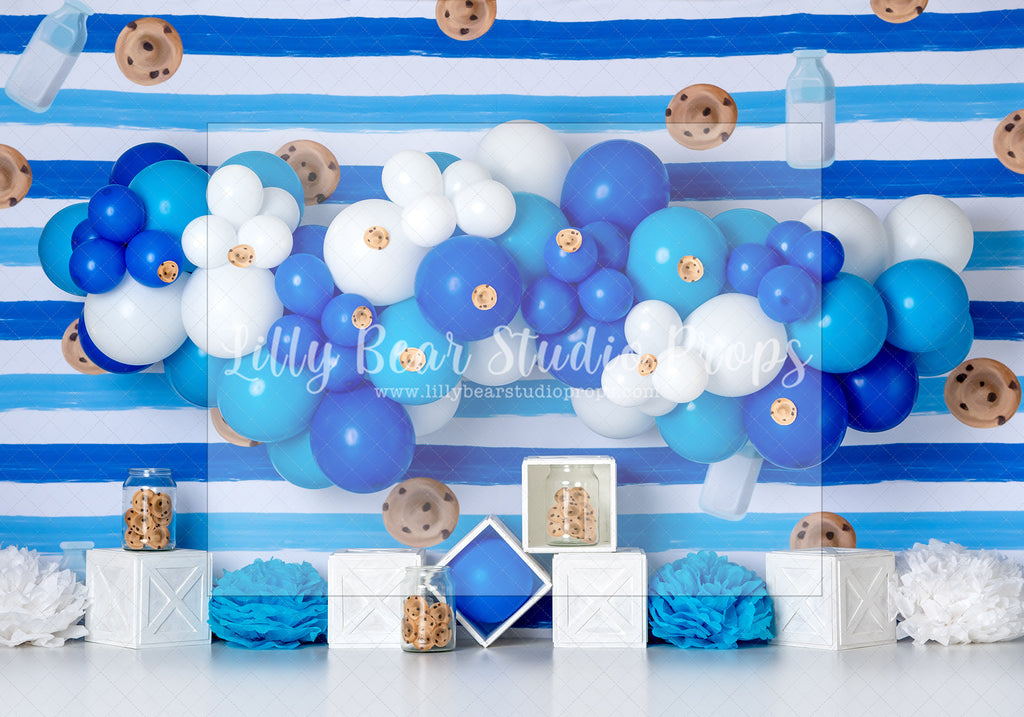 Milk & Cookies Party - Lilly Bear Studio Props, blue & white garland, blue and white, chocolate chip cookies, cookie, cookie jar, cookie monster, cookie monter, cookies, FABRICS, first birthday, friendly street, sesame street