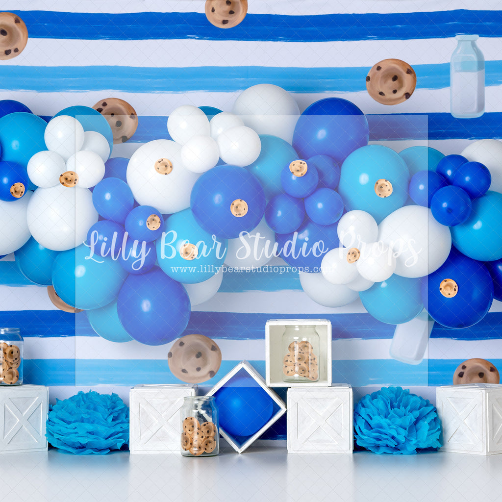 Milk & Cookies Party - Lilly Bear Studio Props, blue & white garland, blue and white, chocolate chip cookies, cookie, cookie jar, cookie monster, cookie monter, cookies, FABRICS, first birthday, friendly street, sesame street