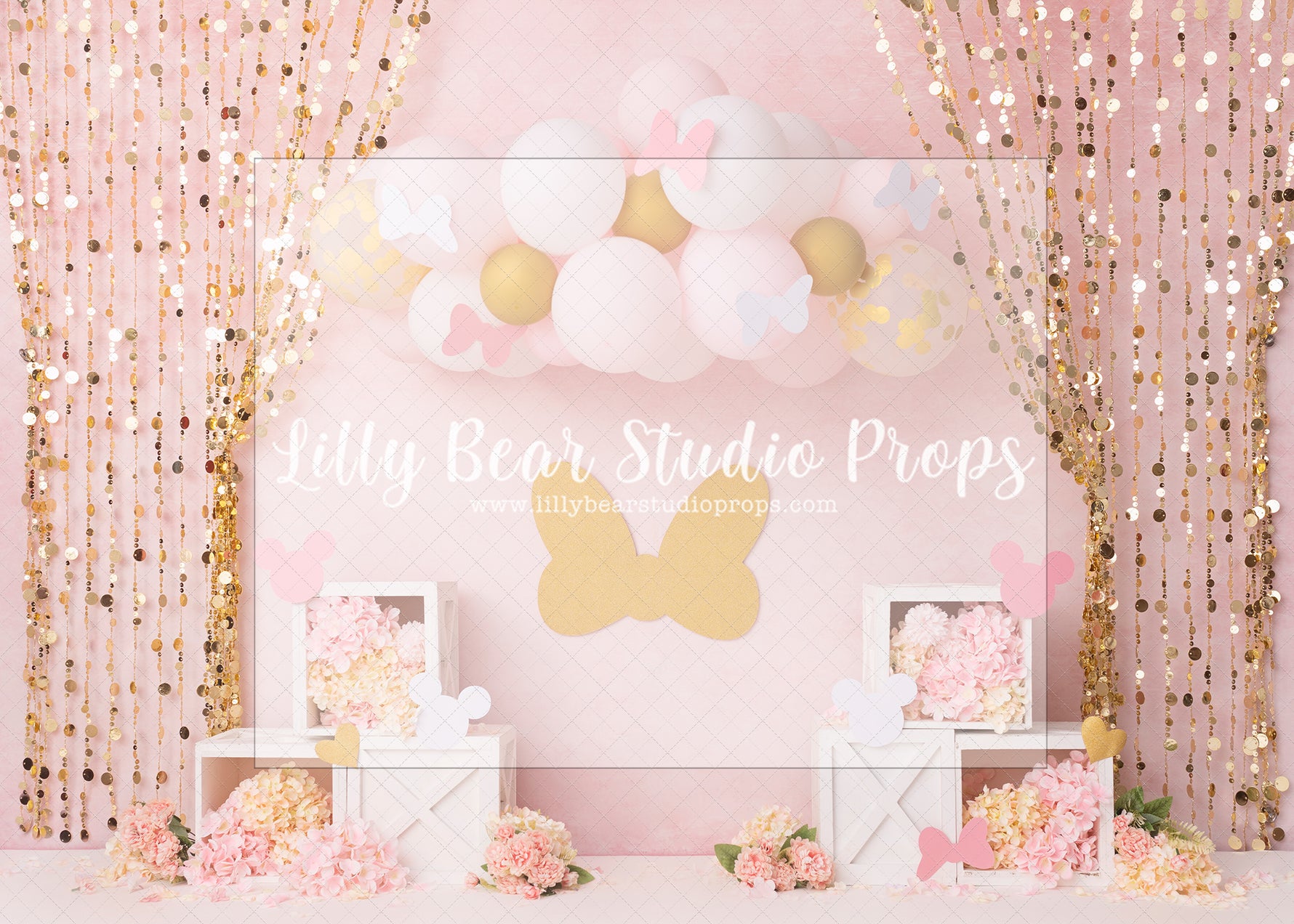 Minnie Bows - Lilly Bear Studio Props, bowtique, Fabric, fantasy, floral, girls, hand painted, minnie, minnie mouse, minnie's bowtique, pink & gold, pink and gold, princess, princesses, purple, royal, violet, Wrinkle Free Fabric
