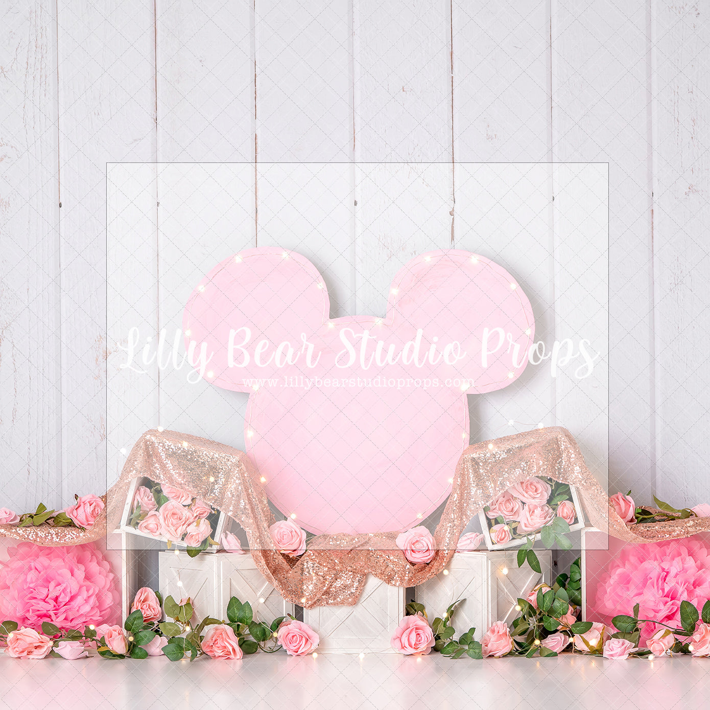Minnie Roses - Lilly Bear Studio Props, balloon, balloon garland, bow-tique, bowtique, castle, disney, disney world, disneyland, FABRICS, girl, mickey ears, mickey mouse, minnie, minnie mouse, minnie mouse bow, minnie mouse garden, minnie topiary, minnie's bowtique, pink, pink and gold, pink minnie, princess