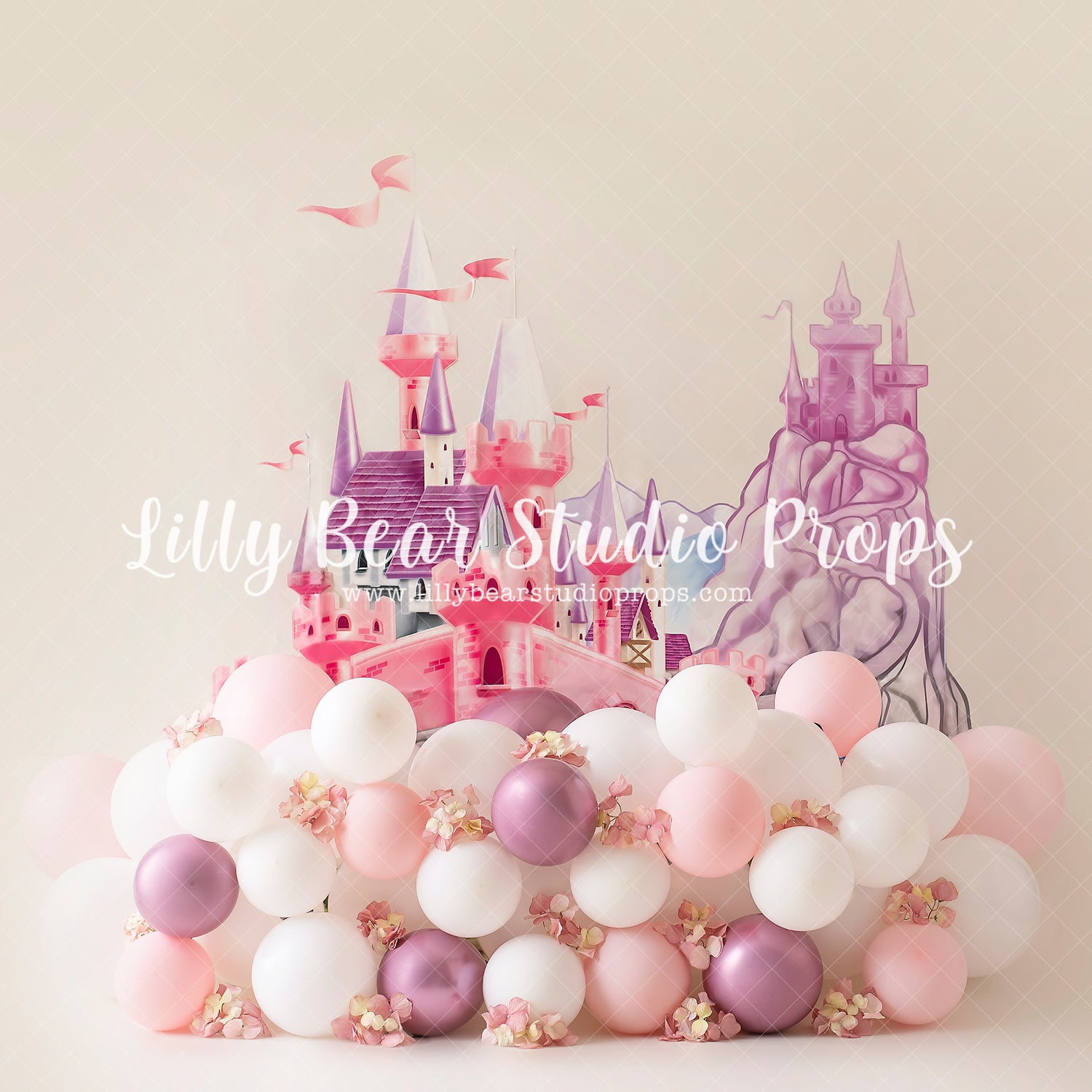 Miranda's Castle - Lilly Bear Studio Props, cake smash, castle, floral pink, flowers, metallic purple, metallic purple balloons, pastel, pastel balloon garland, pastel pink, pink and white balloons, pink balloons, pink floral, princess, princess cake smash, princess carriage, princess castle, purple balloons, purple castle, white and pink balloons, white balloons