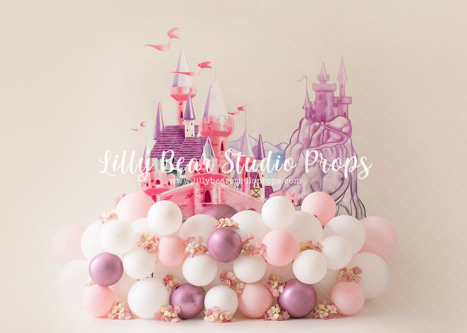 Miranda's Castle - Lilly Bear Studio Props, cake smash, castle, floral pink, flowers, metallic purple, metallic purple balloons, pastel, pastel balloon garland, pastel pink, pink and white balloons, pink balloons, pink floral, princess, princess cake smash, princess carriage, princess castle, purple balloons, purple castle, white and pink balloons, white balloons