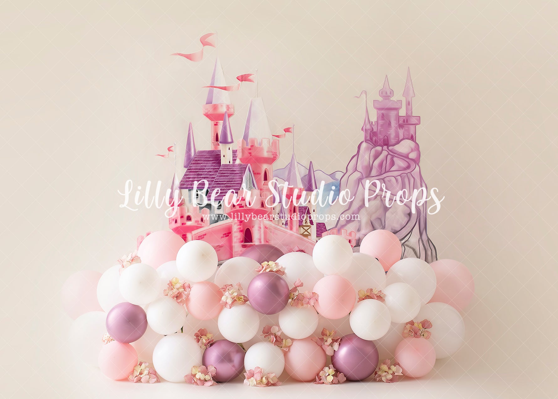Miranda's Castle - Lilly Bear Studio Props, cake smash, castle, floral pink, flowers, metallic purple, metallic purple balloons, pastel, pastel balloon garland, pastel pink, pink and white balloons, pink balloons, pink floral, princess, princess cake smash, princess carriage, princess castle, purple balloons, purple castle, white and pink balloons, white balloons