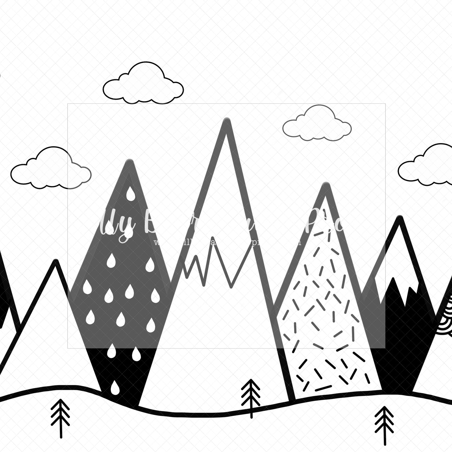 Modern Mountain B&W - Lilly Bear Studio Props, blue mountains, grey mountain, grey mountain top, grey mountains, greyscale, modern mountains, mountain top, triangle, triangle mountain