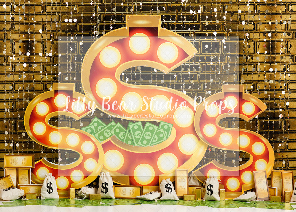 Money, Money, Money! - Lilly Bear Studio Props, gold curtains, marquee dollar, marquee lights, money sign