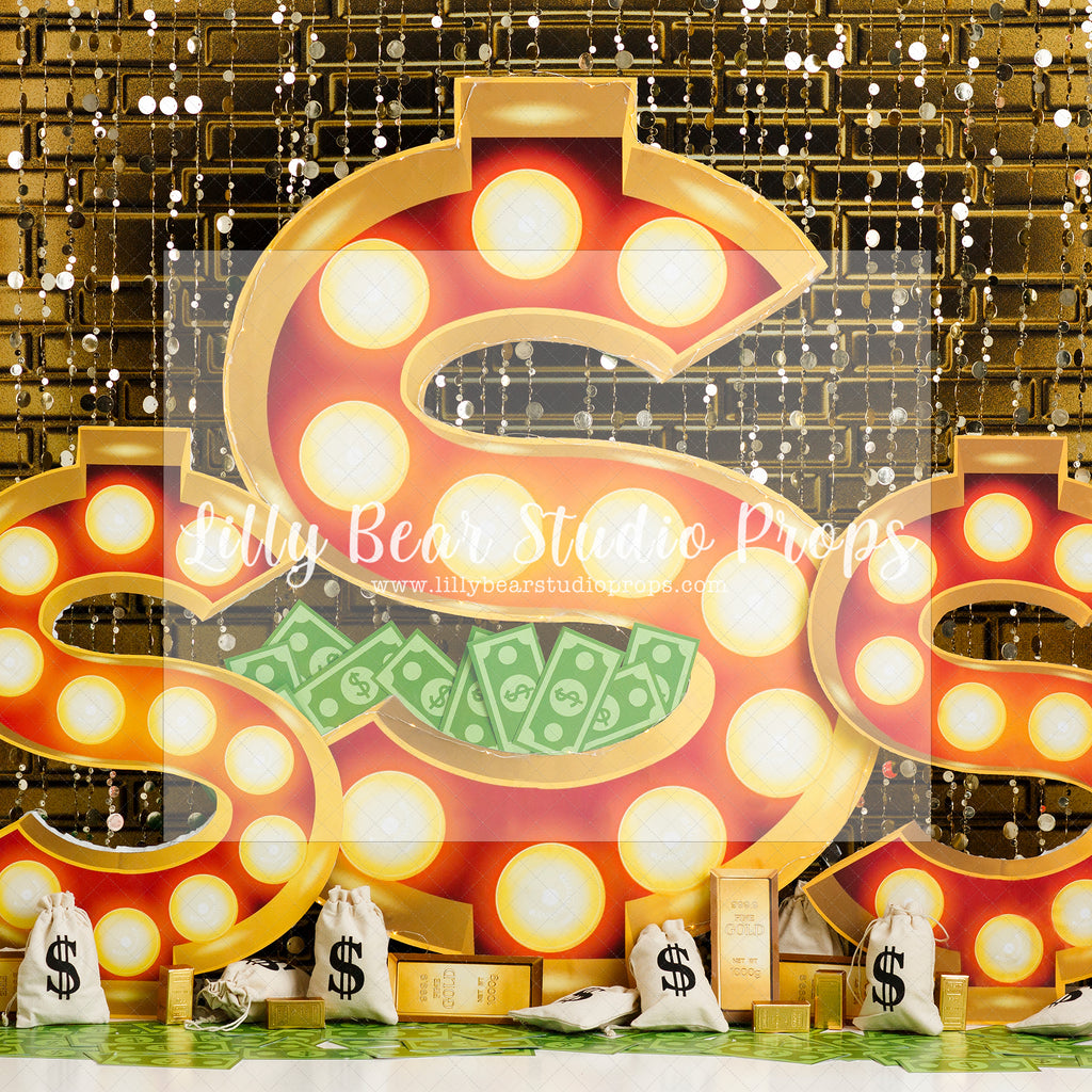 Money, Money, Money! - Lilly Bear Studio Props, gold curtains, marquee dollar, marquee lights, money sign