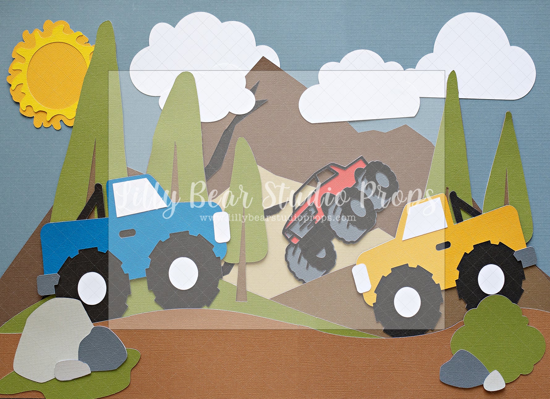 Monster Truck Valley by Angelica Knowland - Lilly Bear Studio Props, blue pickup truck, boy cars, cars, dump truck, Monster Truck, monster truck valley, mountains, pickup truck, red pickup truck, truck, work truck