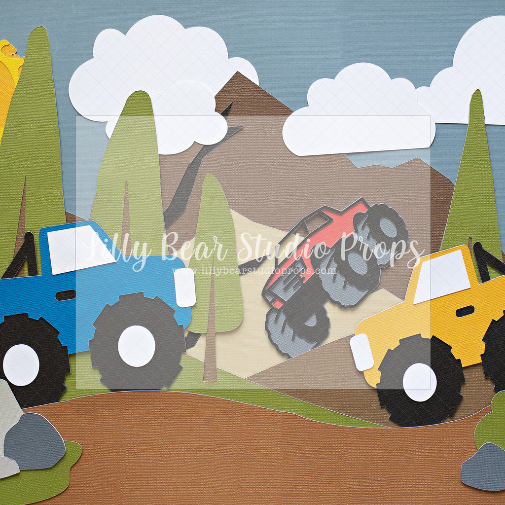 Monster Truck Valley by Angelica Knowland - Lilly Bear Studio Props, blue pickup truck, boy cars, cars, dump truck, Monster Truck, monster truck valley, mountains, pickup truck, red pickup truck, truck, work truck