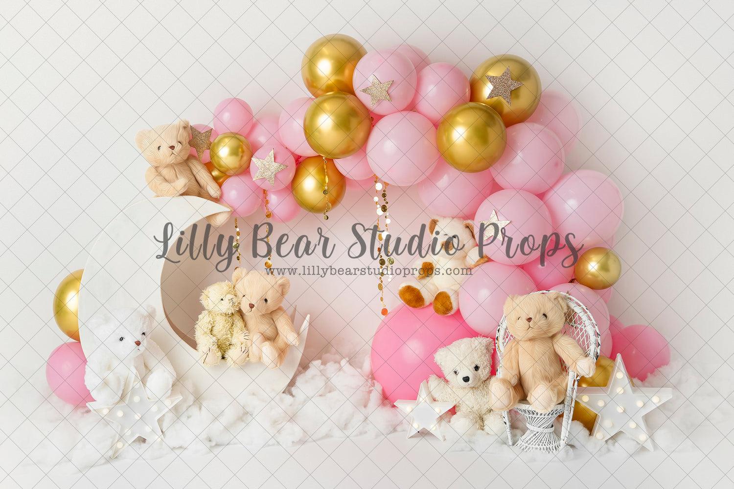 Moon and Stars and Teddies - Lilly Bear Studio Props, balloon garland, gold moon, gold moon and stars, gold moon and stars balloons, half moon, moon, moon and clouds, moon and stars, moon stars, moonlight, moons, night moon, pink and gold, teddies, teddy bear picnic, teddy bears