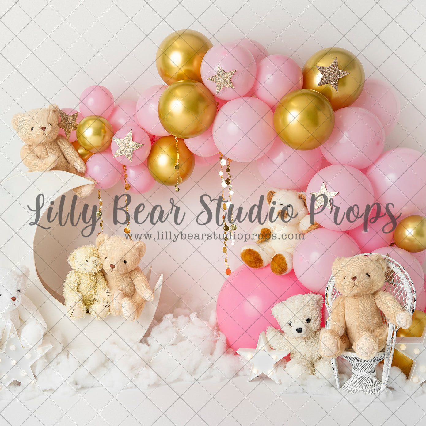 Moon and Stars and Teddies - Lilly Bear Studio Props, balloon garland, gold moon, gold moon and stars, gold moon and stars balloons, half moon, moon, moon and clouds, moon and stars, moon stars, moonlight, moons, night moon, pink and gold, teddies, teddy bear picnic, teddy bears