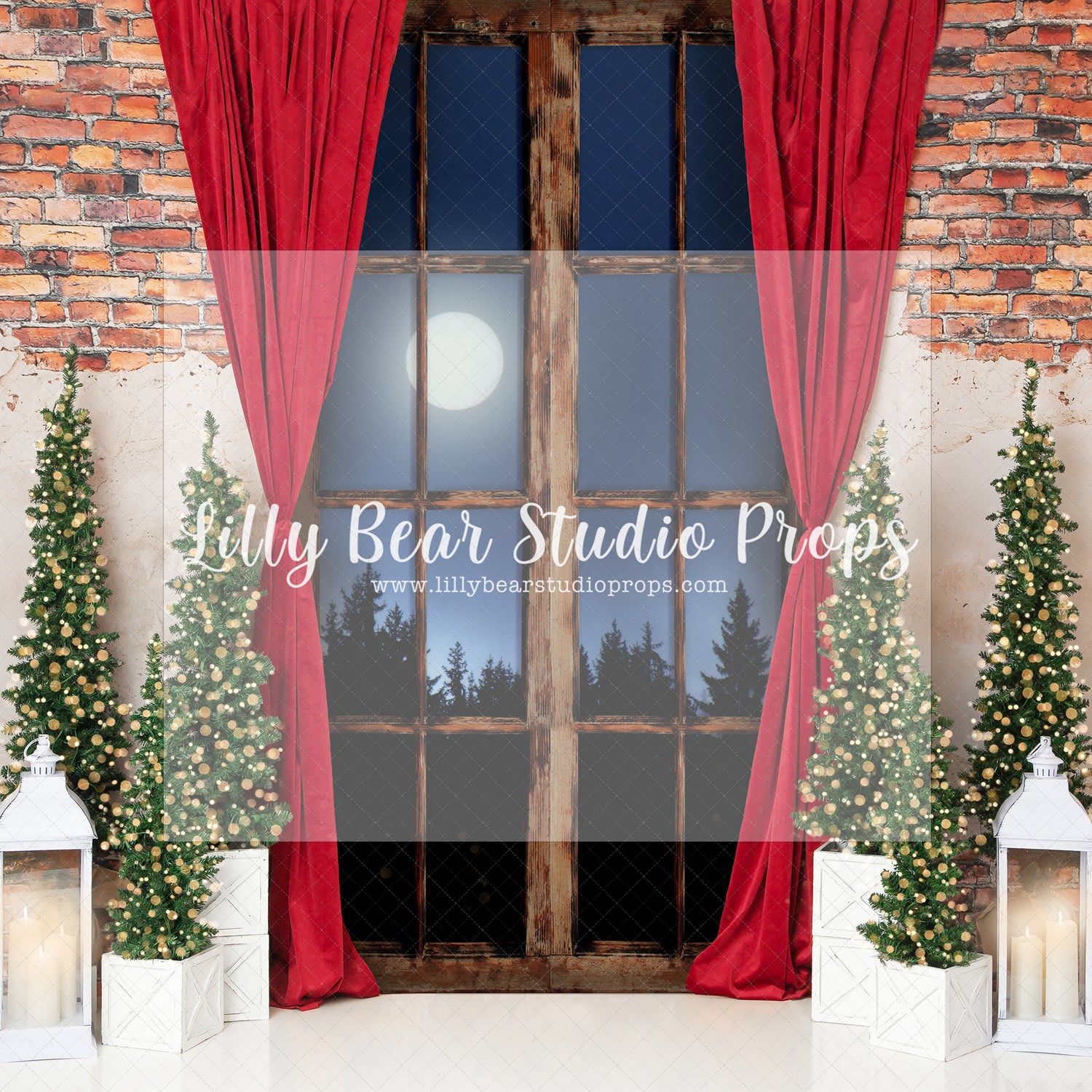 Moonlit Christmas View - Lilly Bear Studio Props, christmas, Cozy, Decorated, Festive, Giving, Holiday, Holy, Hopeful, Joyful, Merry, Peaceful, Peacful, Red & Green, Seasonal, Winter, Xmas, Yuletide