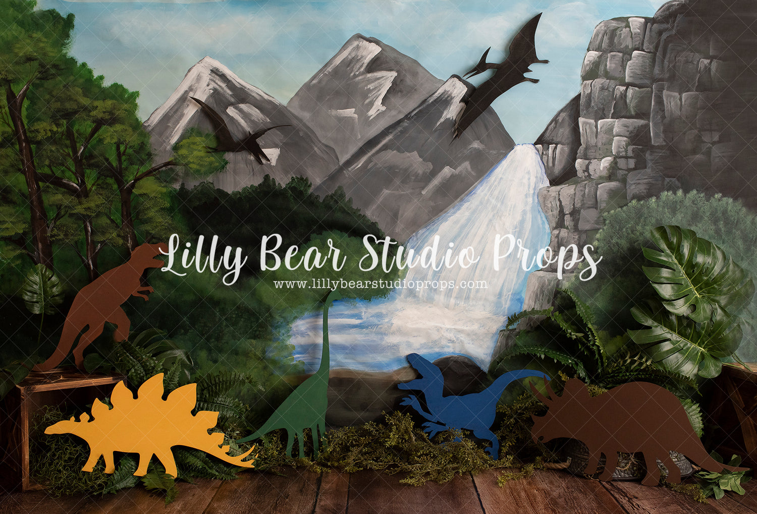 Mountain Dino Forest - Lilly Bear Studio Props, boy cake smash, cake smash, dino, dino forest, dino one, dinosaur, dinosaurs, FABRICS, forest, forest animals, forest floor, forest painting, garden, grey mountains, jungle, jurassic, jurassic park, mountain forest, mountains, waterfall, wild dino, wild one, woodland forest