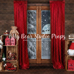 Mountainview Christmas Window - Lilly Bear Studio Props, arctic pines, christmas, christmas village, christmas window, evergreen trees, evergreens, holiday, holiday christmas, pine trees, red curtains, santa, santa moon, santa window, santa's toy shop, silver winter, snow, snowflakes, snowy forest, snowy pine, snowy pine trees, snowy trees, toy shop, village, white christmas, white holiday, white winter, winter, winter christmas, winter diamond
