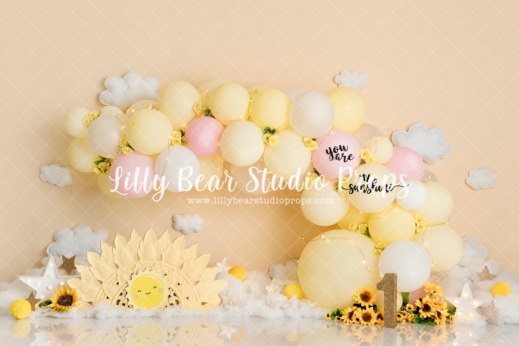 My Sunshine - Lilly Bear Studio Props, balloon, balloon arch, balloon garland, flowers, fun in the sun, let the sun shine in, my sunshine, pink sun, sun, sunflower, sunflowers, sunny, sunny day, sunrise, sunset, sunshine, white balloon arch, white balloons, yellow, you are my sunshine