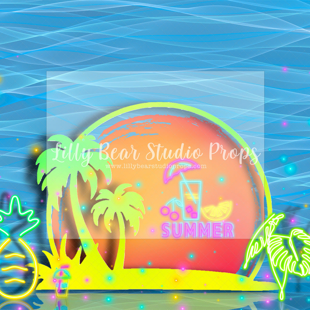 Neon Pineapple Summer Sunset - Lilly Bear Studio Props, beach party, Fabric, FABRICS, flamingo, neon, palm tree, palm trees, pineapple, pink flamingo