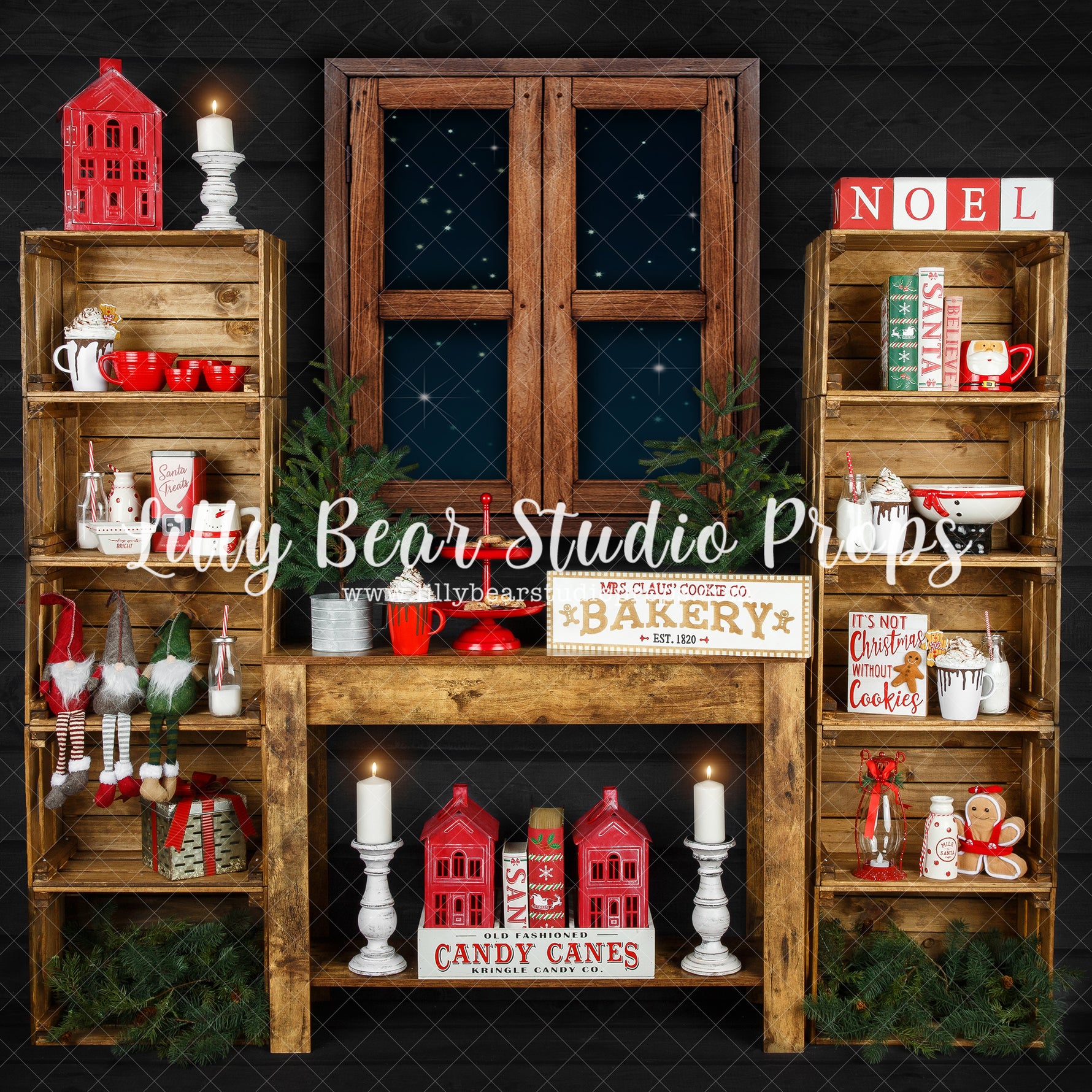 Night Time Baking - Lilly Bear Studio Props, arctic pines, christmas, christmas baking, christmas kitchen, christmas village, evergreen trees, evergreens, gnome, holiday, holiday christmas, night window, pine trees, santa cookies, santa window, silver winter, snow, snowflakes, snowy forest, snowy pine, snowy pine trees, snowy trees, village, white christmas, white holiday, white winter, window, winter, winter christmas, winter diamond