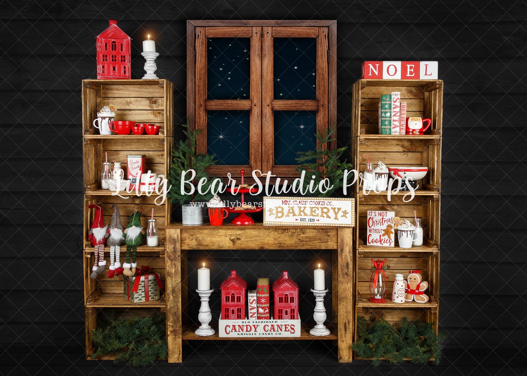 Night Time Baking - Lilly Bear Studio Props, arctic pines, christmas, christmas baking, christmas kitchen, christmas village, evergreen trees, evergreens, gnome, holiday, holiday christmas, night window, pine trees, santa cookies, santa window, silver winter, snow, snowflakes, snowy forest, snowy pine, snowy pine trees, snowy trees, village, white christmas, white holiday, white winter, window, winter, winter christmas, winter diamond