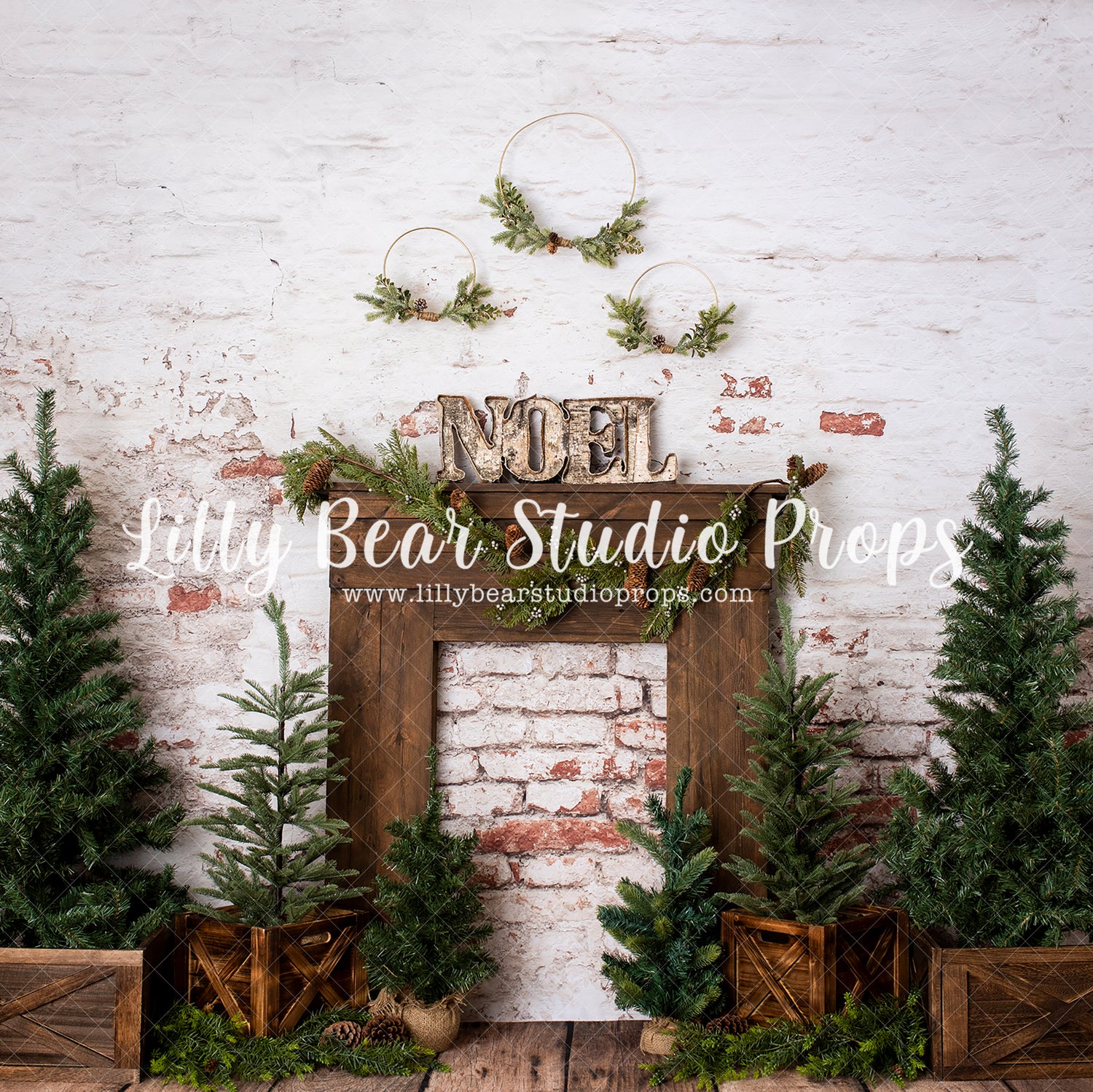 Noel Mantle - Lilly Bear Studio Props, christmas, christmas brick, christmas fireplace, christmas tree, christmas trees, chrsitmas mantel, FABRICS, fireplace, mantel, mantle, noel, pine trees, seasonal, wood fireplace, wood mantel