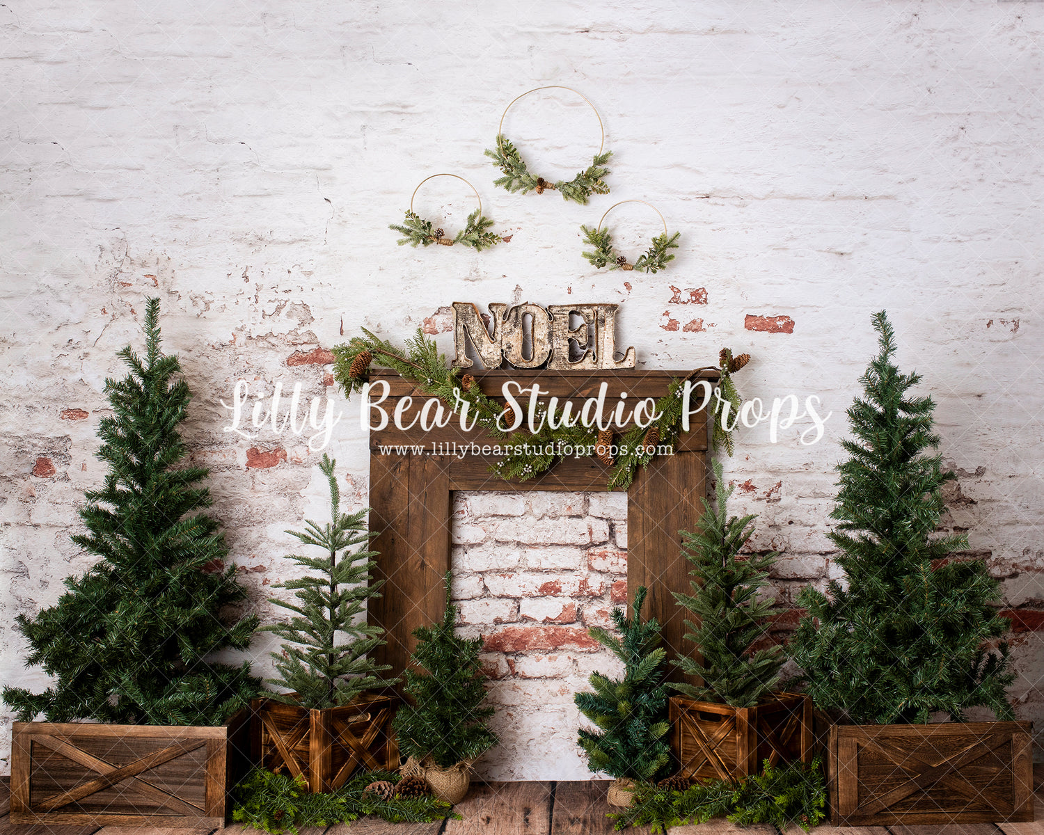 Noel Mantle - Lilly Bear Studio Props, christmas, christmas brick, christmas fireplace, christmas tree, christmas trees, chrsitmas mantel, FABRICS, fireplace, mantel, mantle, noel, pine trees, seasonal, wood fireplace, wood mantel