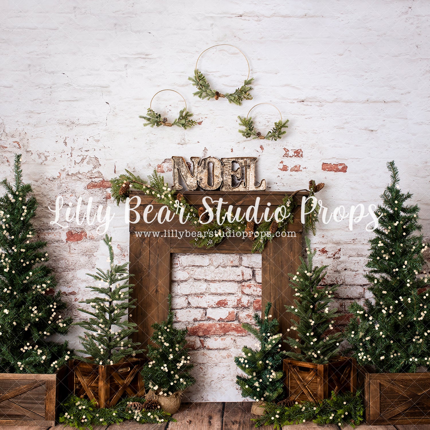 Noel Mantle (Lights) - Lilly Bear Studio Props, boho holiday, christmas, christmas brick, christmas fireplace, christmas mantel, christmas tree, FABRICS, holiday christmas, holiday fireplace, holiday garland, holiday joy, holiday mantel, holiday wreath, mantel, mantle, noel, pine trees
