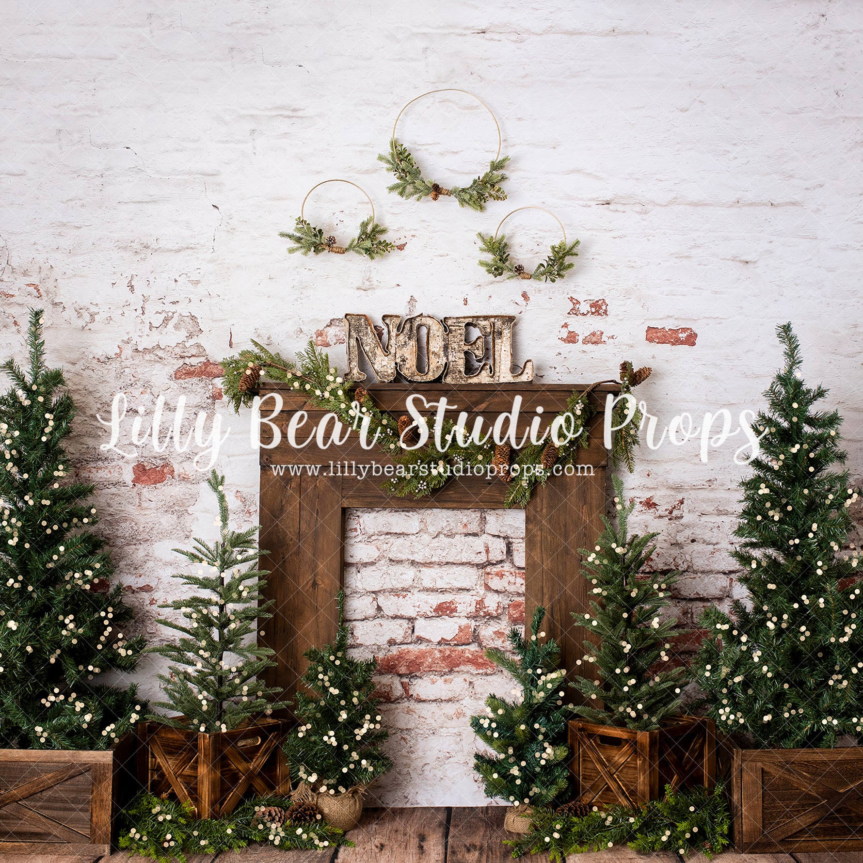 Noel Mantle (Lights) - Lilly Bear Studio Props, boho holiday, christmas, christmas brick, christmas fireplace, christmas mantel, christmas tree, FABRICS, holiday christmas, holiday fireplace, holiday garland, holiday joy, holiday mantel, holiday wreath, mantel, mantle, noel, pine trees