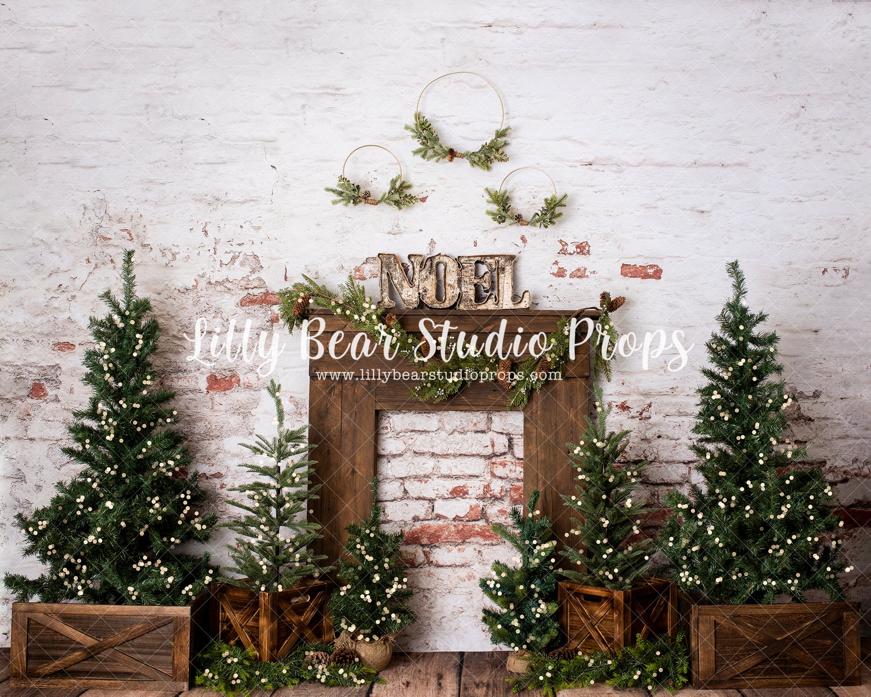 Noel Mantle (Lights) - Lilly Bear Studio Props, boho holiday, christmas, christmas brick, christmas fireplace, christmas mantel, christmas tree, FABRICS, holiday christmas, holiday fireplace, holiday garland, holiday joy, holiday mantel, holiday wreath, mantel, mantle, noel, pine trees
