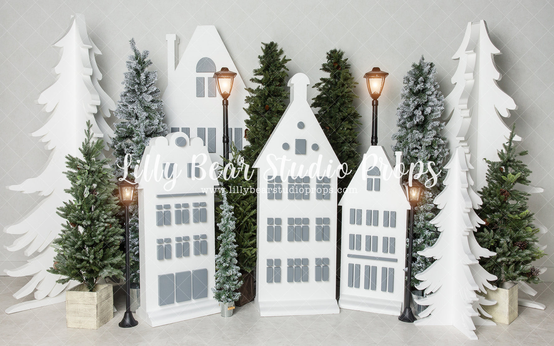 North Village Lights - Lilly Bear Studio Props, arctic pines, christmas, christmas town, christmas village, evergreen trees, evergreens, holiday, holiday christmas, pine, pine tree town, pine tree village, pine trees, santas village, silver winter, snow, snow village, snowflakes, snowy forest, snowy pine, snowy pine trees, snowy trees, street lanterns, village, white christmas, white holiday, white pine trees, white village, white winter, winter, winter christmas, winter diamond