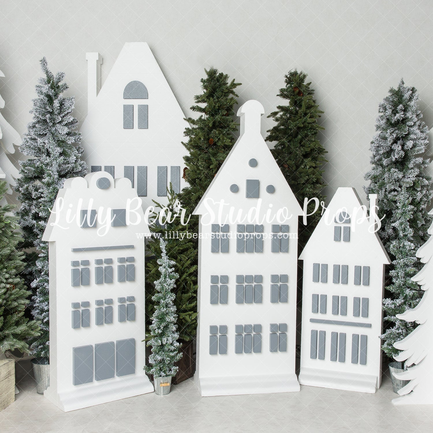 North Village - Lilly Bear Studio Props, arctic pines, christmas, christmas town, christmas village, evergreen trees, evergreens, holiday, holiday christmas, pine trees, silver winter, snow, snowflakes, snowy forest, snowy pine, snowy pine trees, snowy trees, village, white christmas, white holiday, white winter, winter, winter christmas, winter diamond
