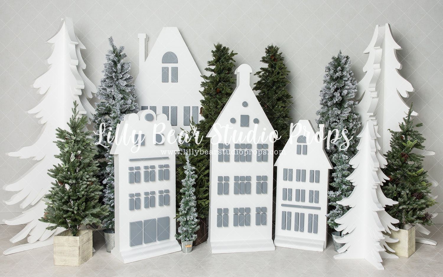 North Village - Lilly Bear Studio Props, arctic pines, christmas, christmas town, christmas village, evergreen trees, evergreens, holiday, holiday christmas, pine trees, silver winter, snow, snowflakes, snowy forest, snowy pine, snowy pine trees, snowy trees, village, white christmas, white holiday, white winter, winter, winter christmas, winter diamond