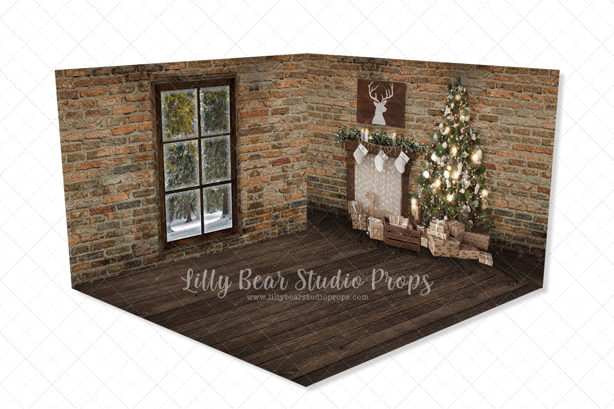 Northern Christmas Room - Lilly Bear Studio Props, black fireplace, bohemian christmas, bohemian fireplace, bohemian mantel, boho, boho christmas, boho holiday, boho mantel, christmas, christmas mantel, christmas village, evergreen trees, evergreens, Fabric, fireplace, holiday, holiday christmas, mantel, Pampas, pine trees, white christmas, white holiday, Wrinkle Free Fabric