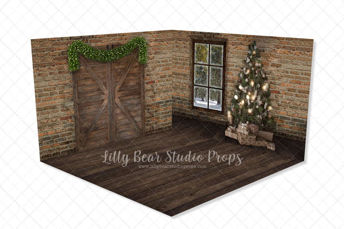 Northern View Christmas Room - Lilly Bear Studio Props, black fireplace, bohemian christmas, bohemian fireplace, bohemian mantel, boho, boho christmas, boho holiday, boho mantel, christmas, christmas mantel, christmas village, evergreen trees, evergreens, Fabric, fireplace, holiday, holiday christmas, mantel, Pampas, pine trees, white christmas, white holiday, Wrinkle Free Fabric