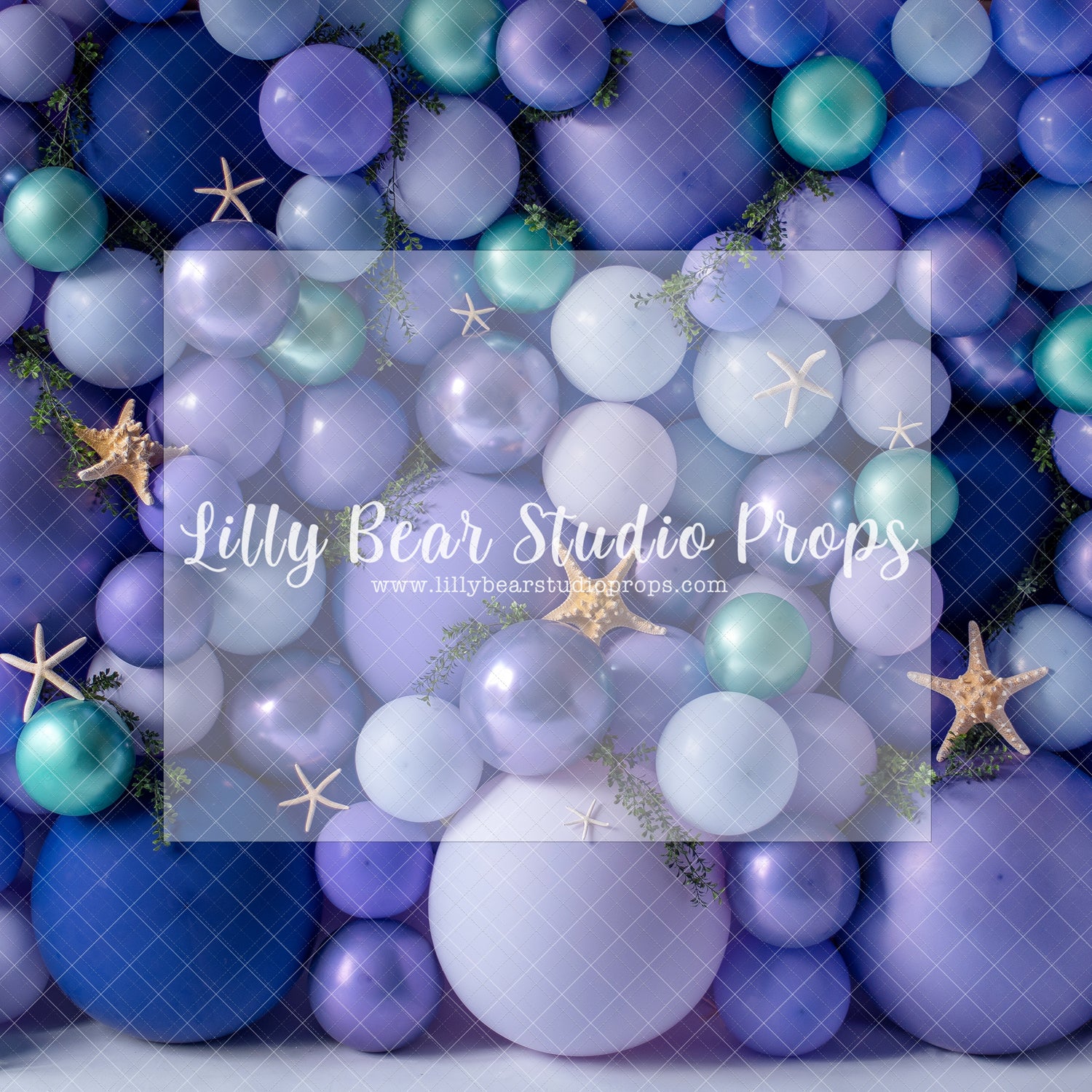 Ocean Wall - Lilly Bear Studio Props, balloon, balloon garland, balloon wall, blue, blue balloon garland, blue balloons, cake smash, Fabric, FABRICS, fish net, net, ocean, ocean blue, starfish, under the sea, under water, underwater, underwater bubbles, white balloons, Wrinkle Free Fabric