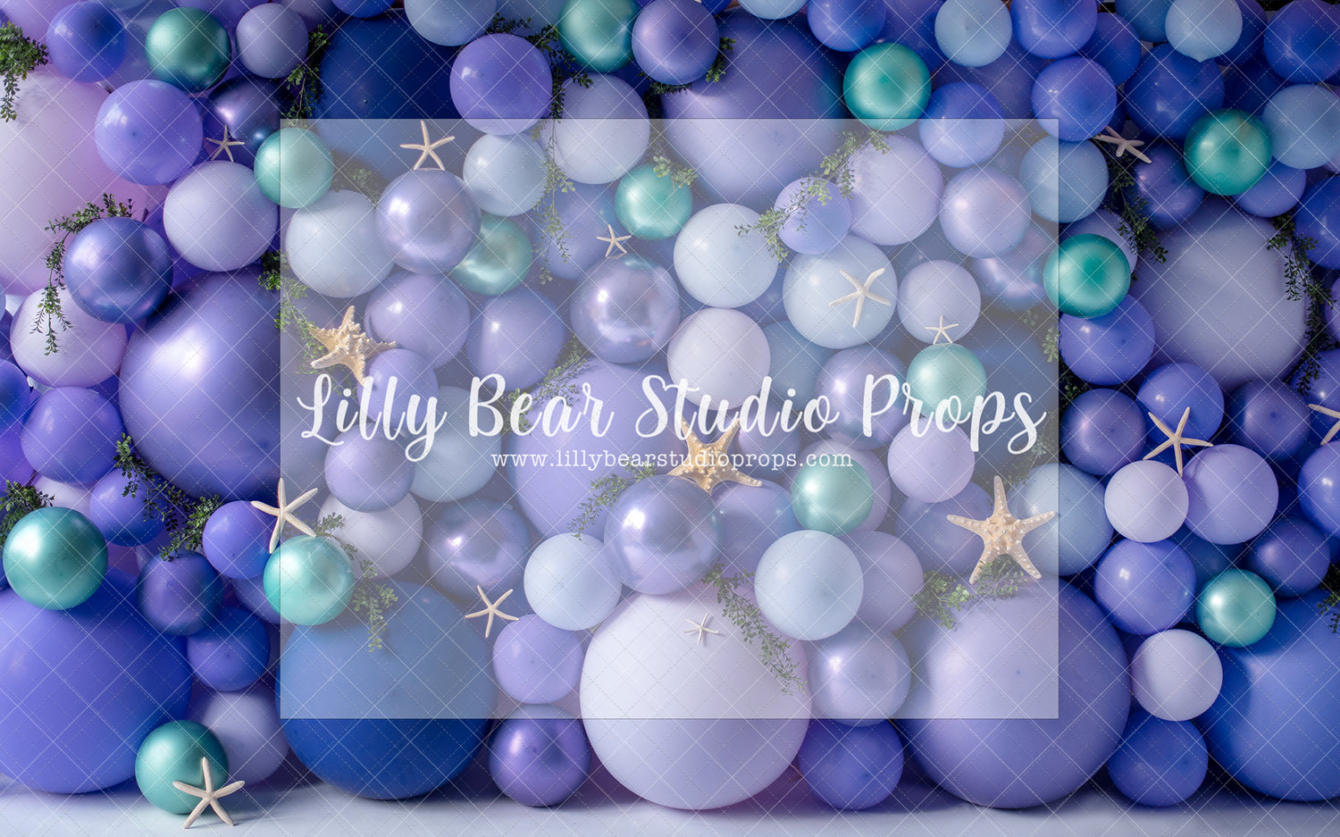 Ocean Wall - Lilly Bear Studio Props, balloon, balloon garland, balloon wall, blue, blue balloon garland, blue balloons, cake smash, Fabric, FABRICS, fish net, net, ocean, ocean blue, starfish, under the sea, under water, underwater, underwater bubbles, white balloons, Wrinkle Free Fabric