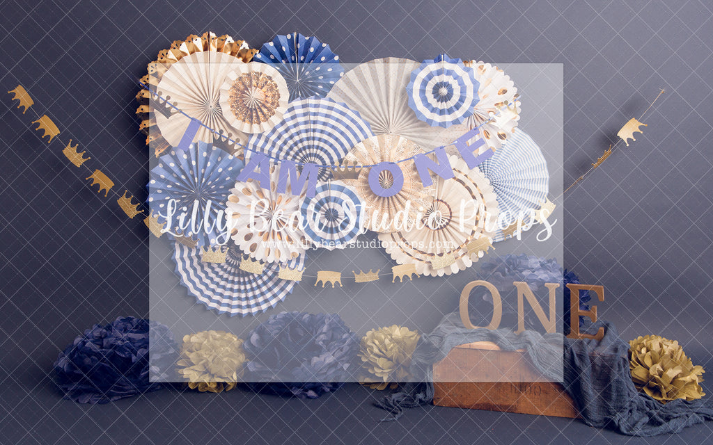 One Fan Party - Lilly Bear Studio Props, birthday, birthday fans, blue, blue fan, gold beaded curtains, gold confetti, gold glitter beads, gold one, ONE, one birthday, paper fans, tassles