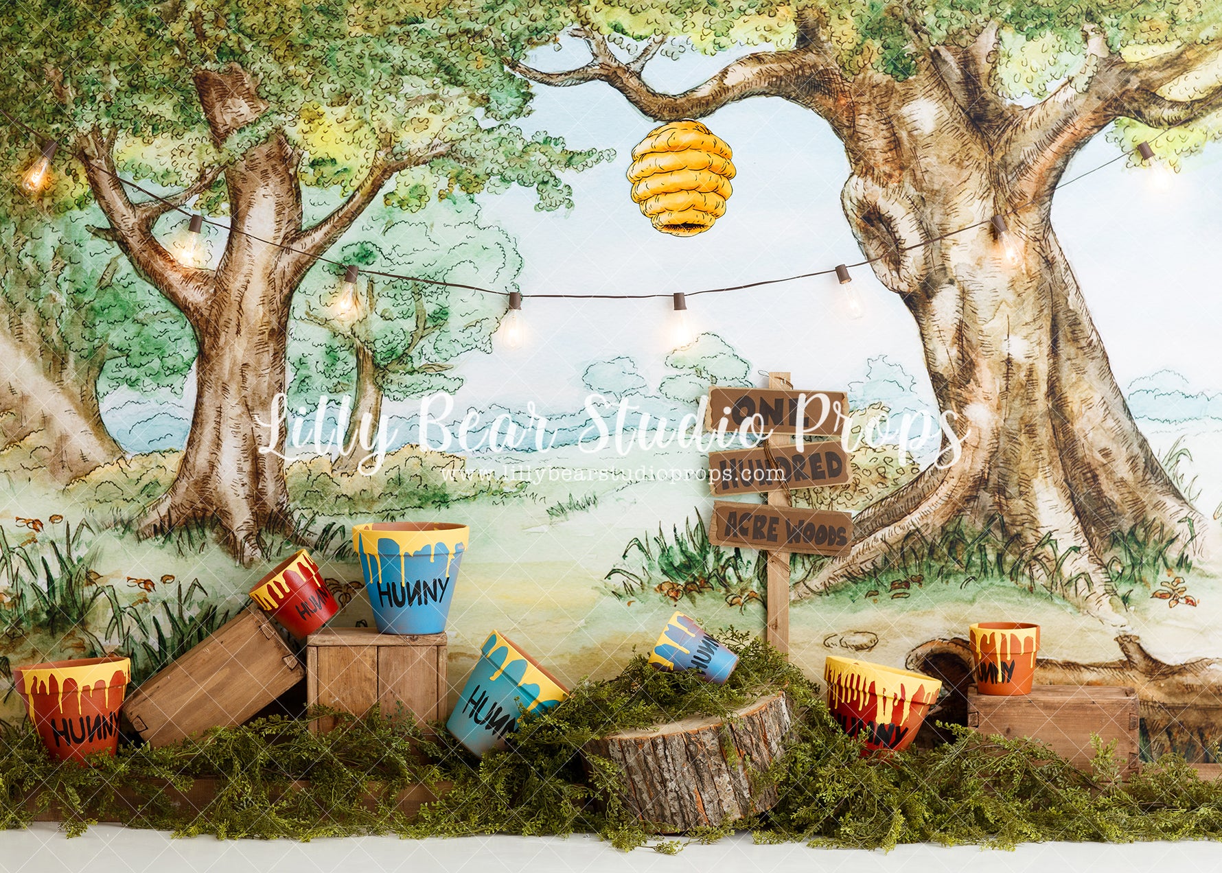 One Hundred Acre Woods - Lilly Bear Studio Props, acre woods, Christopher Robin, disney, disney movie, disney world, fabric, fairytale, forest, forest painting, honey, honey bees, honey bucket, honey comb, honey comb nest, honey jar, honey pot, hundred acre wood, mr.sanders, piglet, poly, pooh, rabbit, roo, tigger, tree, tree house, vinyl, water colour forest, watercolor forest, winnie, winnie the pooh