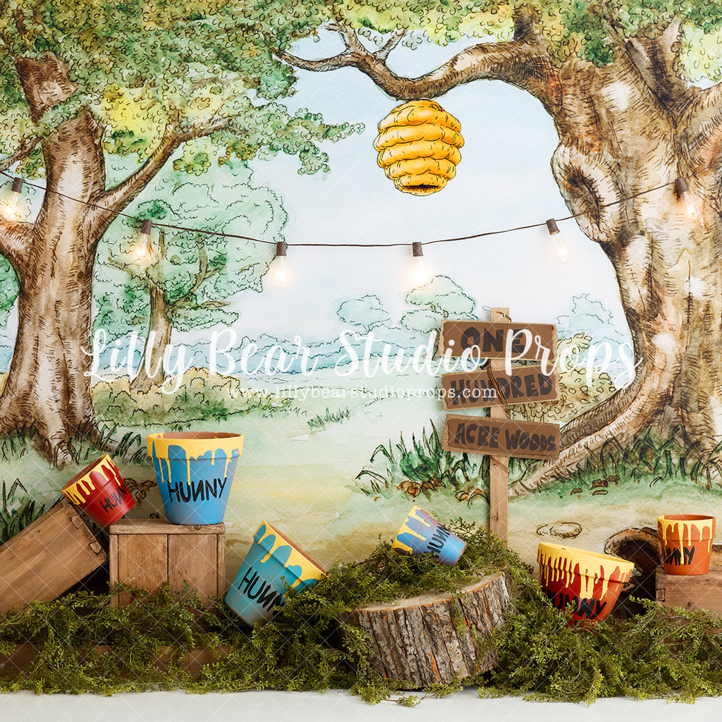 One Hundred Acre Woods - Lilly Bear Studio Props, acre woods, Christopher Robin, disney, disney movie, disney world, fabric, fairytale, forest, forest painting, honey, honey bees, honey bucket, honey comb, honey comb nest, honey jar, honey pot, hundred acre wood, mr.sanders, piglet, poly, pooh, rabbit, roo, tigger, tree, tree house, vinyl, water colour forest, watercolor forest, winnie, winnie the pooh