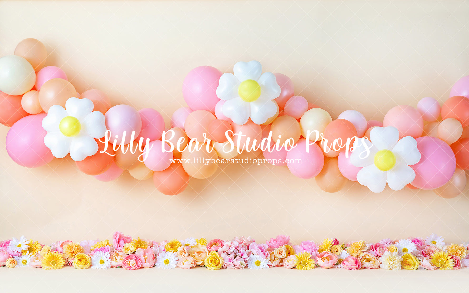 Oopsy Daisy Floral - Lilly Bear Studio Props, blooming flowers, bright flowers, daisy, daisy balloons, daisy floral, daisy flowers, daisy garland, floral, floral arch, floral balloons, pastel, pastel balloon garland, pastel balloons, pastel green, pastel orange, pastel pink