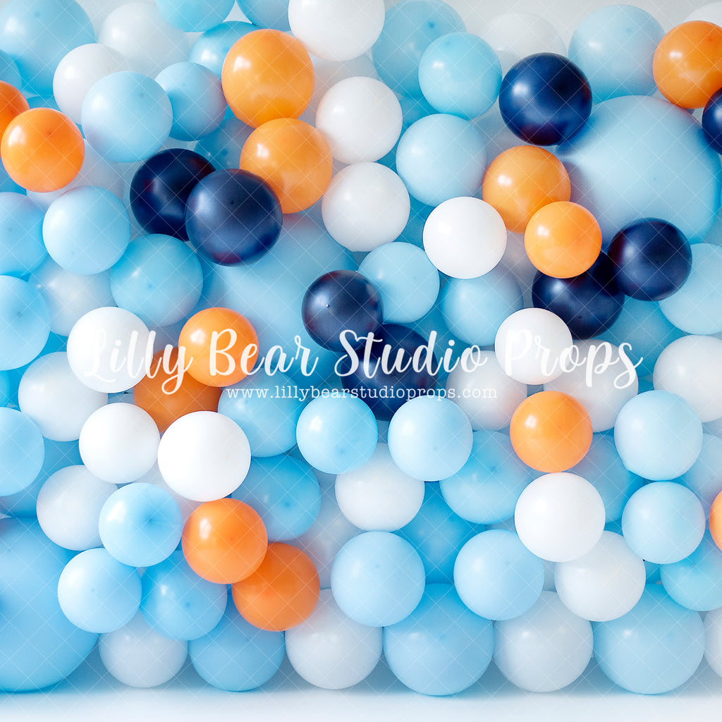 Orange White & Blue Balloon Wall - Lilly Bear Studio Props, balloon, balloon wall, blue, blue balloon garland, blue balloon wall, blue balloons, blue green, cake smash, orange, orange and blue, orange balloons, white balloons