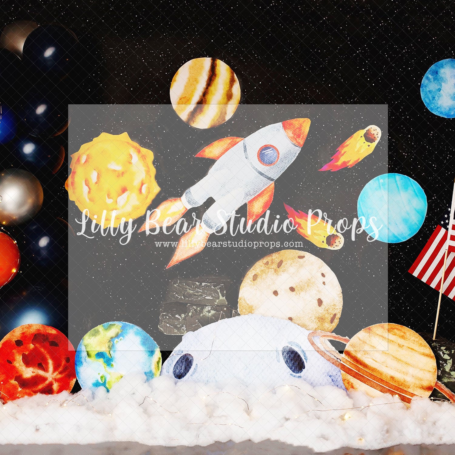 Outer Space - Lilly Bear Studio Props, aliens, astro, astronaut, Fabric, galaxy space, little stars, moon stars, outerspace, planets, space, space and stars, spacecraft, spaceship, stars, white spaceship, Wrinkle Free Fabric