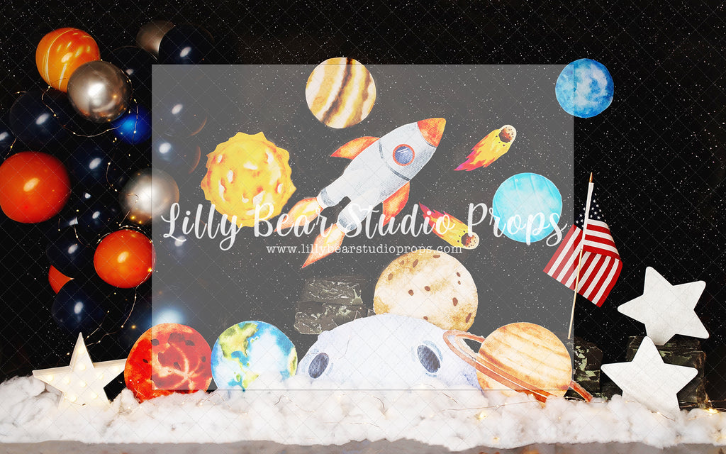 Outer Space - Lilly Bear Studio Props, aliens, astro, astronaut, Fabric, galaxy space, little stars, moon stars, outerspace, planets, space, space and stars, spacecraft, spaceship, stars, white spaceship, Wrinkle Free Fabric