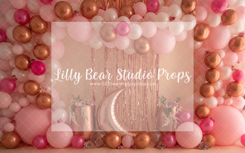 Over The Moon Muted Balloon Arch - Lilly Bear Studio Props, balloon wall, gold star, gold stars, moon, moon and stars, pastel, stars, white balloon wall