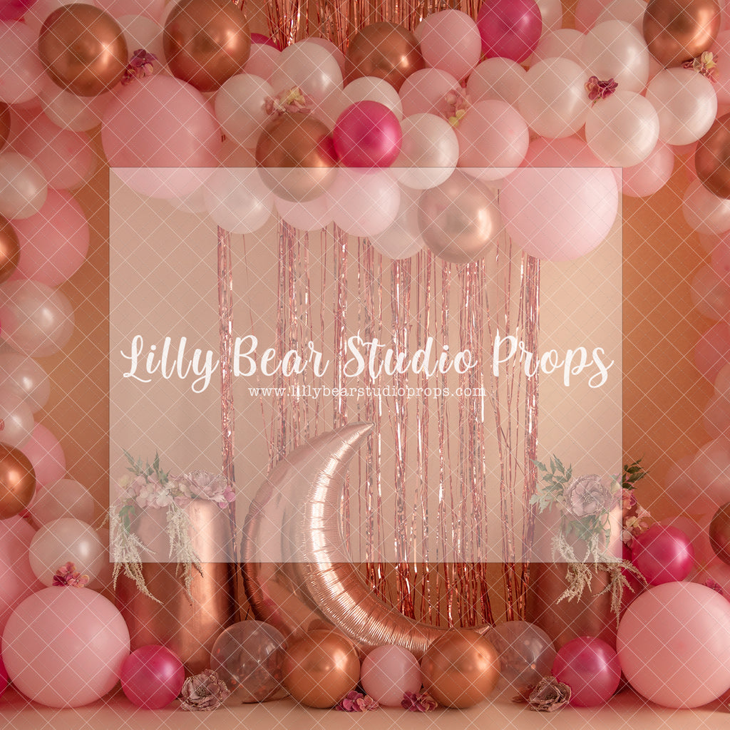 Over The Moon Muted Balloon Arch - Lilly Bear Studio Props, balloon wall, gold star, gold stars, moon, moon and stars, pastel, stars, white balloon wall