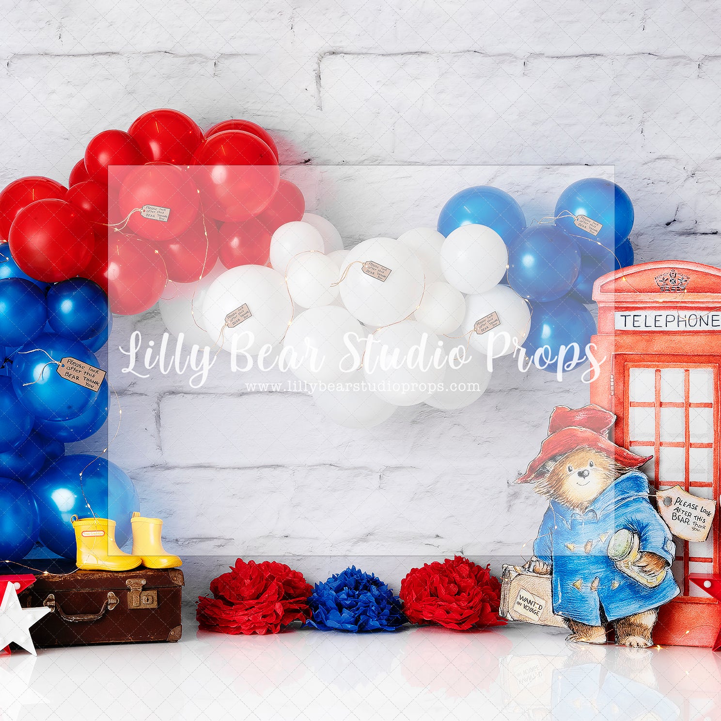Paddington Bear - Lilly Bear Studio Props, bear, blue white red balloons, Red & Green, red balloons, red white and blue, telephone booth